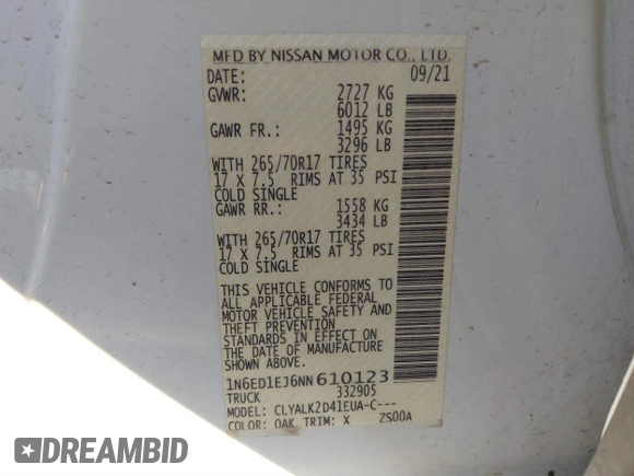 2022 Nissan Frontier SV with VIN 1N6ED1EJ6NN610123, listed as a IAAI auction lot 41261773 with 64,812 mi miles and . Bid and sale history available at DreamBid. Image 9.