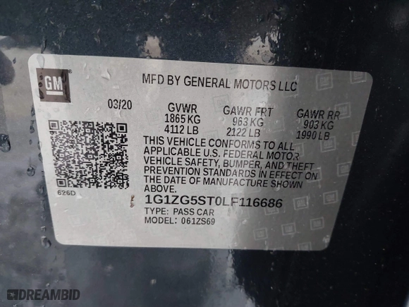 2020 Chevrolet Malibu RS with VIN 1G1ZG5ST0LF116686, listed as a IAAI auction lot 41559625 with 1 mi miles. Bid and sale history available at carsss.com. Image 9.