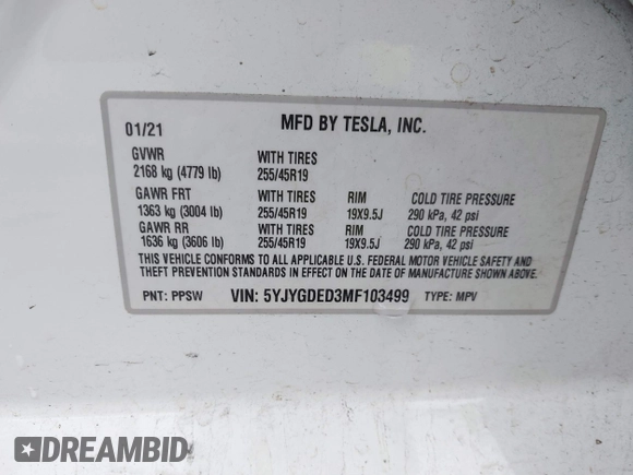 2021 Tesla Model Y Standard Range with VIN 5YJYGDED3MF103499, listed as a IAAI auction lot 41632064 with 132,846 mi miles and . Bid and sale history available at DreamBid. Image 9.