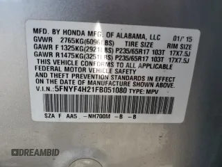2015 Honda Pilot LX with VIN 5FNYF4H21FB051080, listed as a Copart auction lot 49046355 with 122,252 mi miles and Salvage Title. Bid and sale history available at DreamBid. Image 13.
