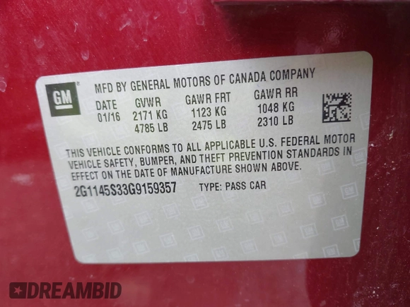 2016 Chevrolet Impala LTZ with VIN 2G1145S33G9159357, listed as a IAAI auction lot 41910638 with 178,530 mi miles. Bid and sale history available at carsss.com. Image 9.