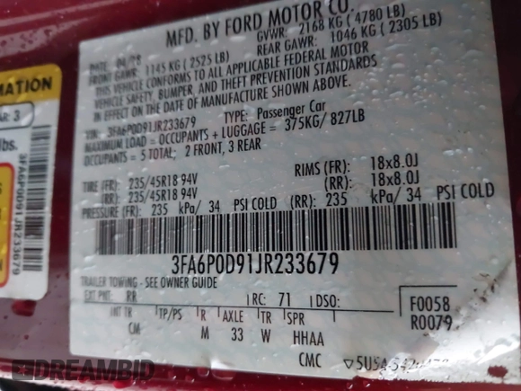 2018 Ford Fusion Titanium with VIN 3FA6P0D91JR233679, listed as a IAAI auction lot 42182140 with 100,706 mi miles and . Bid and sale history available at DreamBid. Image 9.