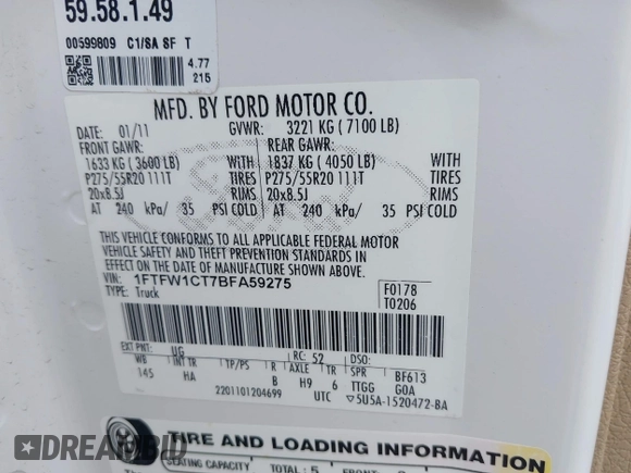 2011 Ford F-150 XLT with VIN 1FTFW1CT7BFA59275, listed as a IAAI auction lot 42111709 with 203,718 mi miles. Bid and sale history available at carsss.com. Image 9.