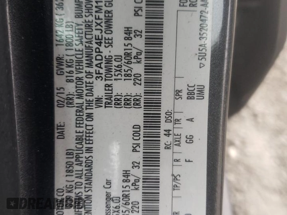 2015 Ford Fiesta SE with VIN 3FADP4EJXFM178855, listed as a Copart auction lot 87652085 with 83,832 mi miles and Salvage Title. Bid and sale history available at carsss.com. Image 14.
