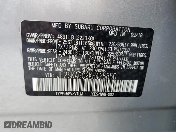 2019 Subaru Forester Premium with VIN JF2SKAGC2KH425850, listed as a Copart auction lot 57598855 with 24,086 mi miles and Salvage title. Bid and sale history available at DreamBid. Image 14.