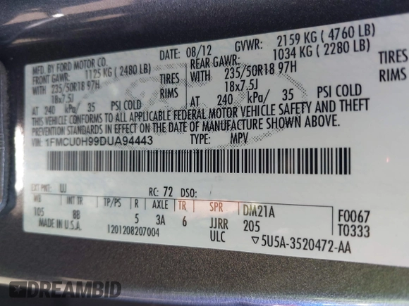 2013 Ford Escape SEL with VIN 1FMCU0H99DUA94443, listed as a IAAI auction lot 42713849 with 84,374 mi miles and . Bid and sale history available at DreamBid. Image 9.