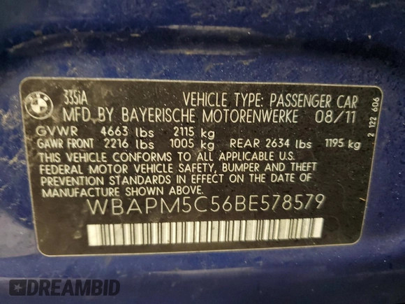 2011 BMW 3 Series 335i with VIN WBAPM5C56BE578579, listed as a Copart auction lot 85458574 with 155,820 mi miles and Salvage Title. Bid and sale history available at carsss.com. Image 12.