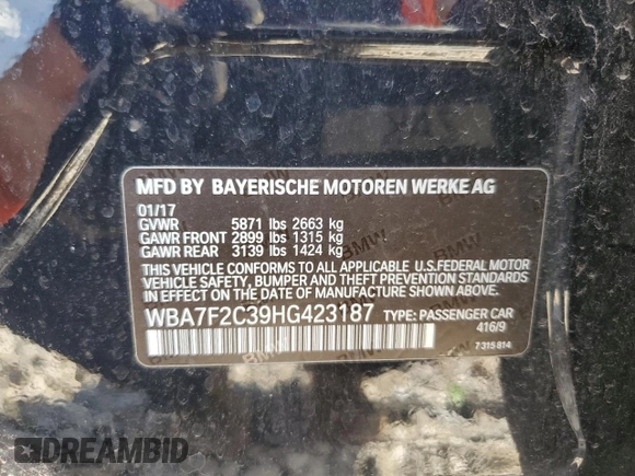 2017 BMW 7 Series with VIN WBA7F2C39HG423187, listed as a Copart auction lot 71163584 with 148,229 mi miles and Non Repairable. Bid and sale history available at DreamBid. Image 12.