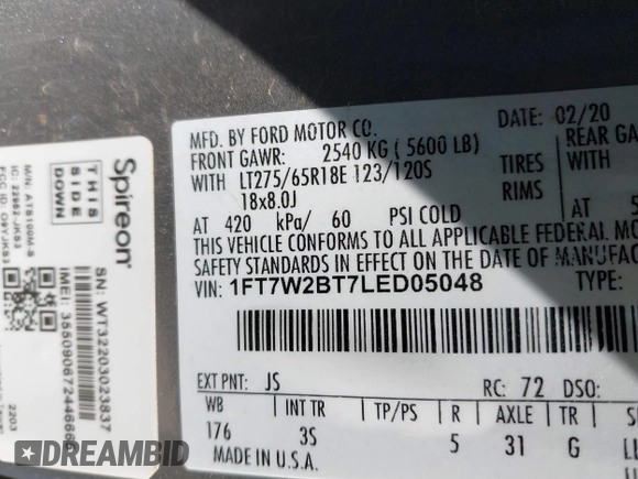 2020 Ford F-250 XL z VIN 1FT7W2BT7LED05048, wystawiony jako IAAI lot #41609250 z przebiegiem 134 575 mil mil oraz . Historia ofert i sprzedaży dostępna na DreamBid. Obrazek 9.