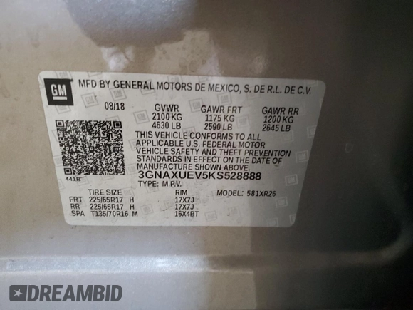 2019 Chevrolet Equinox LT z VIN 3GNAXUEV5KS528888, wystawiony jako Copart lot #55459015 z przebiegiem 103 922 mil mil oraz Szkoda całkowita • Salvage title. Historia ofert i sprzedaży dostępna na DreamBid. Obrazek 12.