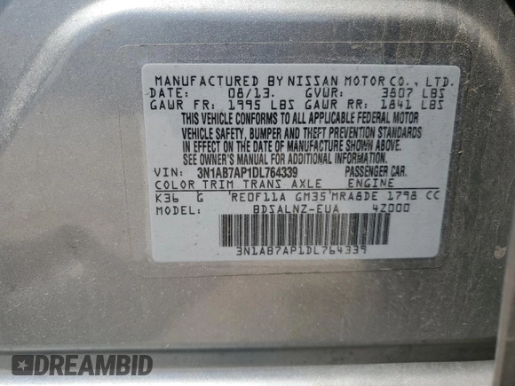 2013 Nissan Sentra FE+ S with VIN 3N1AB7AP1DL764339, listed as a Copart auction lot 55623505 with 110,986 mi miles and Salvage Title. Bid and sale history available at DreamBid. Image 13.