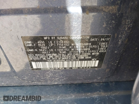 2017 Subaru Outback Limited with VIN 4S4BSANCXH3383155, listed as a IAAI auction lot 42574468 with 22,155 mi miles and . Bid and sale history available at DreamBid. Image 9.