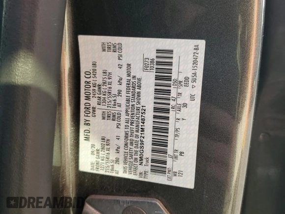 2021 Ford Transit Connect XLT with VIN NM0GS9F21M1487521, listed as a Copart auction lot 53732695 with 58,187 mi miles and Salvage title. Bid and sale history available at DreamBid. Image 12.
