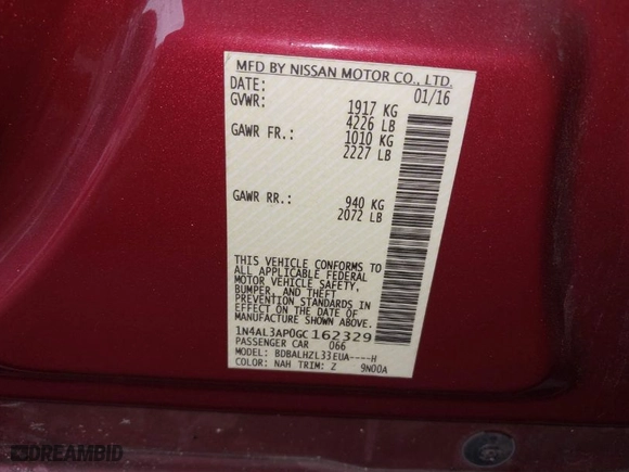 2016 Nissan Altima 2.5 SR with VIN 1N4AL3AP0GC162329, listed as a IAAI auction lot 41721085 with 90,110 mi miles. Bid and sale history available at carsss.com. Image 9.
