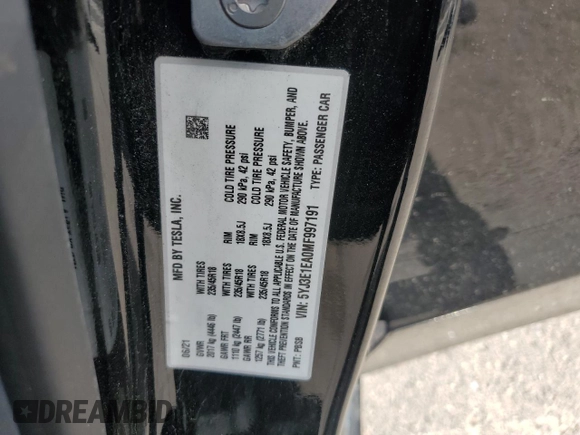 2021 Tesla Model 3 Standard Range Plus with VIN 5YJ3E1EA0MF997191, listed as a Copart auction lot 49659825 with 40,647 mi miles and Salvage Title. Bid and sale history available at DreamBid. Image 14.