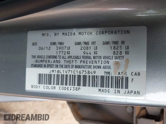 2012 Mazda 3 i Touring with VIN JM1BL1V71C1675849, listed as a IAAI auction lot 41919644 with 134,748 mi miles and . Bid and sale history available at DreamBid. Image 9.