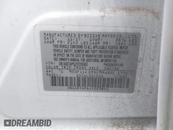 2018 Nissan Sentra S with VIN 3N1AB7AP6JY229845, listed as a IAAI auction lot 40400274 with 104,433 mi miles and . Bid and sale history available at DreamBid. Image 9.