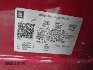2020 Cadillac XT4 FWD Premium Luxury with VIN 1GYFZCR48LF077119, listed as a IAAI auction lot 40893918 with Not provided miles and . Bid and sale history available at DreamBid. Image 9.