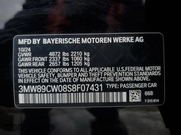 2025 BMW 3 Series 330i xDrive with VIN 3MW89CW08S8F07431, listed as a Copart auction lot 47358775 with 2,695 mi miles and Non Repairable. Bid and sale history available at carsss.com. Image 13.