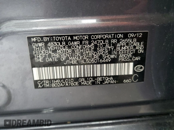 2013 Lexus GS 350 with VIN JTHBE1BL5D5016449, listed as a Copart auction lot 54420015 with 126,439 mi miles and Salvage Title. Bid and sale history available at carsss.com. Image 12.