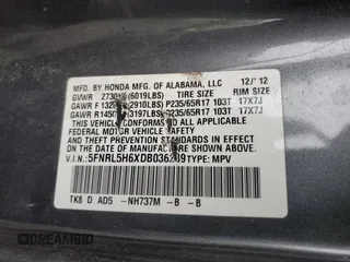 2013 Honda Odyssey EX-L with VIN 5FNRL5H6XDB036239, listed as a Copart auction lot 56377435 with Not provided miles and Salvage title. Bid and sale history available at DreamBid. Image 14.
