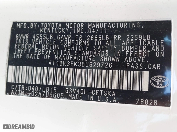2011 Toyota Camry LE with VIN 4T1BK3EK3BU629726, listed as a IAAI auction lot 41954801 with 209,171 mi miles. Bid and sale history available at carsss.com. Image 9.