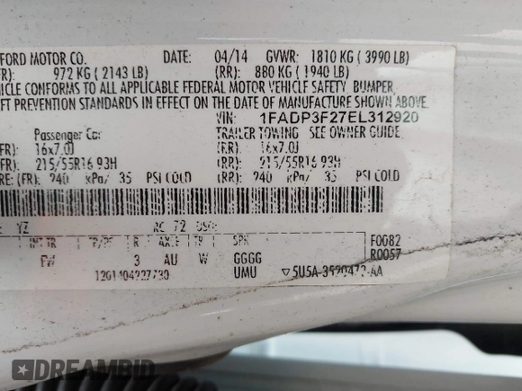 2014 Ford Focus SE with VIN 1FADP3F27EL312920, listed as a IAAI auction lot 41861414 with 150,171 mi miles. Bid and sale history available at carsss.com. Image 9.