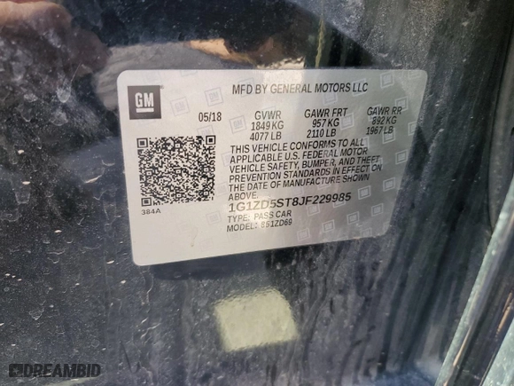 2018 Chevrolet Malibu LT with VIN 1G1ZD5ST8JF229985, listed as a Copart auction lot 48309115 with 177,933 mi miles and Salvage Title. Bid and sale history available at carsss.com. Image 12.