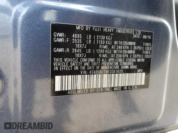 2015 Subaru Outback Limited z VIN 4S4BSALC4F3351625, wystawiony jako Copart lot #56627935 z przebiegiem 199 375 mil mil oraz Szkoda całkowita • Salvage title. Historia ofert i sprzedaży dostępna na DreamBid. Obrazek 12.