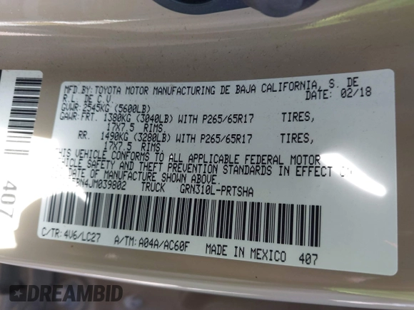 2018 Toyota Tacoma SR5 z VIN 3TMDZ5BN4JM039802, wystawiony jako IAAI lot #42300924 z przebiegiem 48 828 mil mil oraz . Historia ofert i sprzedaży dostępna na DreamBid. Obrazek 9.