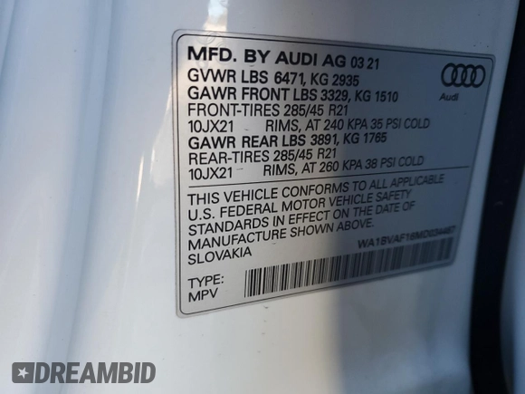 2021 Audi Q8 Premium Plus with VIN WA1BVAF16MD034467, listed as a Copart auction lot 76974524 with 38,272 mi miles and Salvage Title. Bid and sale history available at carsss.com. Image 14.
