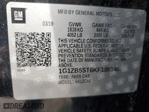 2019 Chevrolet Malibu LS with VIN 1G1ZB5ST6KF185346, listed as a Copart auction lot 50230635 with 69,146 mi miles and Salvage Title. Bid and sale history available at DreamBid. Image 14.