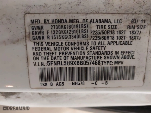 2011 Honda Odyssey Touring with VIN 5FNRL5H9XBB057468, listed as a IAAI auction lot 41405465 with 1 mi miles. Bid and sale history available at carsss.com. Image 9.