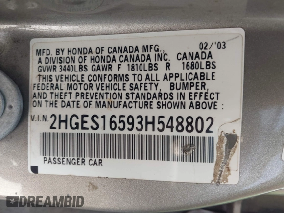 2003 Honda Civic LX with VIN 2HGES16593H548802, listed as a IAAI auction lot 42090646 with 249,595 mi miles and . Bid and sale history available at DreamBid. Image 9.