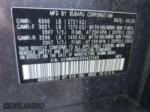 2024 Subaru Ascent Onyx with VIN 4S4WMAHD5R3422560, listed as a Copart auction lot 77322964 with 6,701 mi miles and Salvage title. Bid and sale history available at DreamBid. Image 12.