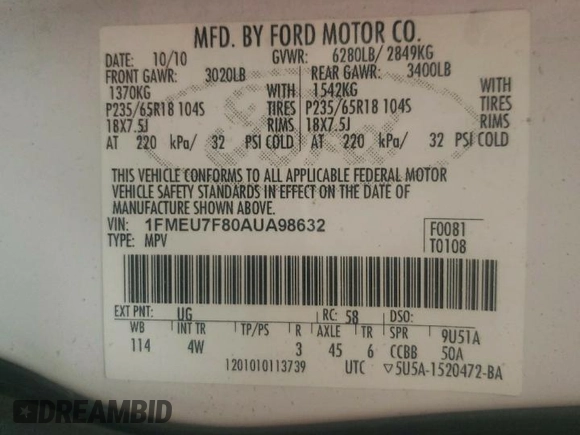 2010 Ford Explorer Limited z VIN 1FMEU7F80AUA98632, wystawiony jako Copart lot #58620705 z przebiegiem 180 675 mil mil oraz Czysty tytuł • Clean title. Historia ofert i sprzedaży dostępna na DreamBid. Obrazek 13.