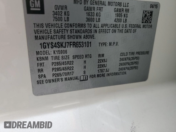 2015 Cadillac Escalade ESV Luxury z VIN 1GYS4SKJ7FR653101, wystawiony jako Copart lot #48045085 z przebiegiem 167 781 mil mil oraz Szkoda całkowita • Salvage title. Historia ofert i sprzedaży dostępna na DreamBid. Obrazek 14.