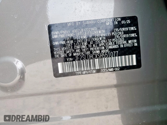 2025 Subaru Forester Special Sports with VIN JF2SLDHCXSH551077, listed as a Copart auction lot 55335325 with 9 mi miles and Salvage title. Bid and sale history available at DreamBid. Image 13.
