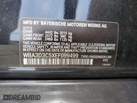 2014 BMW 3 Series 328d with VIN WBA3D3C5XEF099499, listed as a Copart auction lot 60522055 with 116,398 mi miles and Salvage title. Bid and sale history available at DreamBid. Image 12.