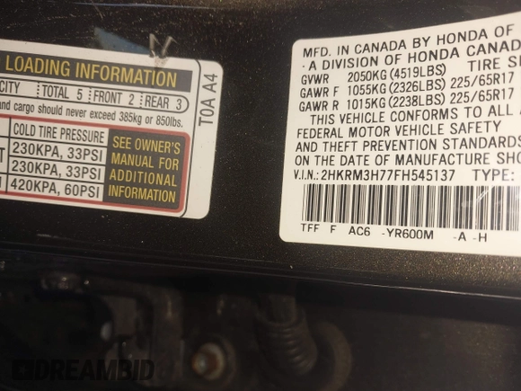 2015 Honda CR-V EX-L with VIN 2HKRM3H77FH545137, listed as a IAAI auction lot 41913116 with 80,057 mi miles. Bid and sale history available at carsss.com. Image 9.