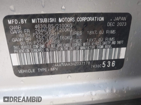 2024 Mitsubishi Eclipse Cross SE с VIN JA4ATWAA3RZ037178, выставлен на аукционе IAAI как лот 42439584 с пробегом 30 205 миль миль и . История ставок и продаж доступна на DreamBid. Изображение 9.