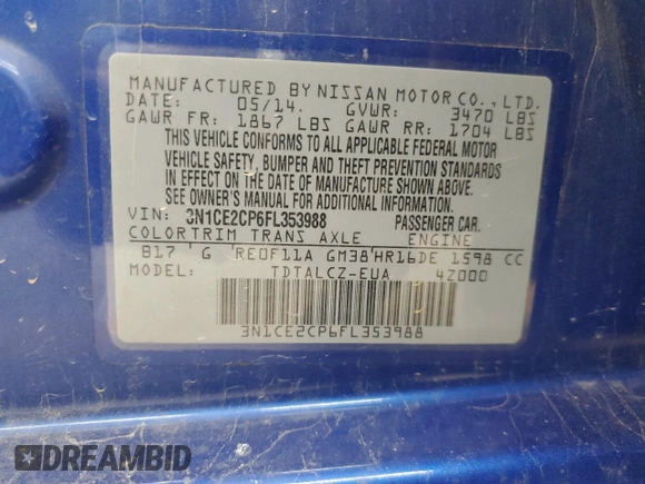 2015 Nissan Note S with VIN 3N1CE2CP6FL353988, listed as a Copart auction lot 60419445 with 143,012 mi miles and Salvage title. Bid and sale history available at DreamBid. Image 12.