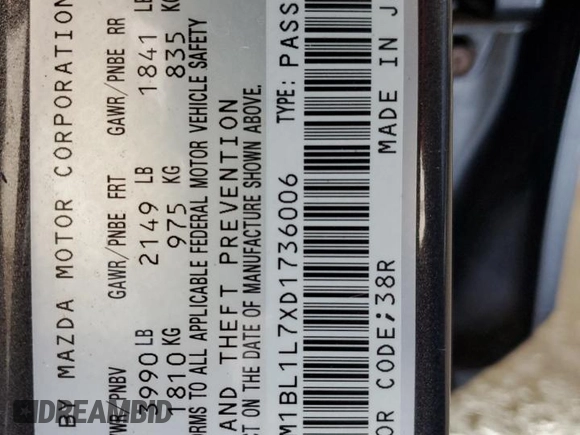 2013 Mazda 3 i Touring with VIN JM1BL1L7XD1736006, listed as a Copart auction lot 60074085 with 118,970 mi miles and Salvage title. Bid and sale history available at DreamBid. Image 13.