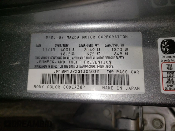 2016 Mazda 3 i Sport with VIN JM1BM1U7XG1304032, listed as a Copart auction lot 46791905 with 122,775 mi miles and Salvage Title. Bid and sale history available at carsss.com. Image 12.