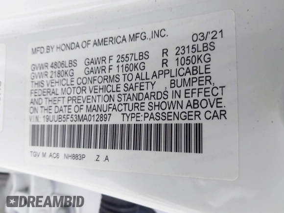 2021 Acura TLX w/A-Spec Package with VIN 19UUB5F53MA012897, listed as a IAAI auction lot 41571283 with 1 mi miles. Bid and sale history available at carsss.com. Image 9.