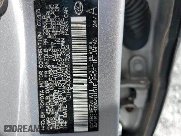 2005 Lexus ES 330 with VIN JTHBA30G555142034, listed as a Copart auction lot 54656975 with 196,718 mi miles and Salvage Title. Bid and sale history available at carsss.com. Image 12.