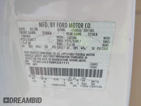 2008 Ford Escape XLT with VIN 1FMCU03168KD51111, listed as a IAAI auction lot 42523942 with 123,203 mi miles and . Bid and sale history available at DreamBid. Image 9.