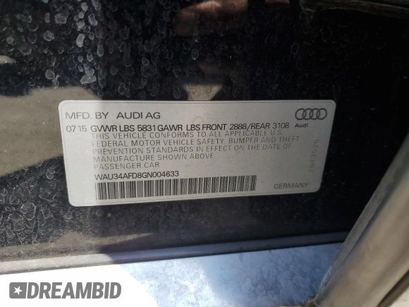 2016 Audi A8 3.0T with VIN WAU34AFD8GN004633, listed as a Copart auction lot 61692955 with 155,405 mi miles and Salvage title. Bid and sale history available at DreamBid. Image 12.
