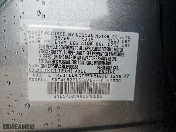 2024 Nissan Kicks S with VIN 3N1CP5BV4RL590088, listed as a Copart auction lot 47679995 with 910 mi miles and Salvage Title. Bid and sale history available at carsss.com. Image 14.