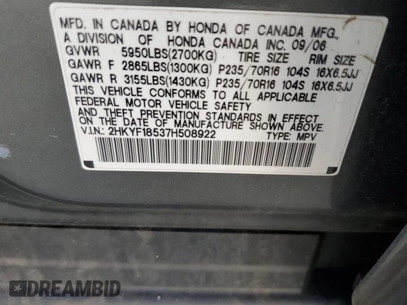 2007 Honda Pilot EX-L z VIN 2HKYF18537H508922, wystawiony jako Copart lot #55445015 z przebiegiem 209 373 mil mil oraz Szkoda całkowita • Salvage title. Historia ofert i sprzedaży dostępna na DreamBid. Obrazek 13.